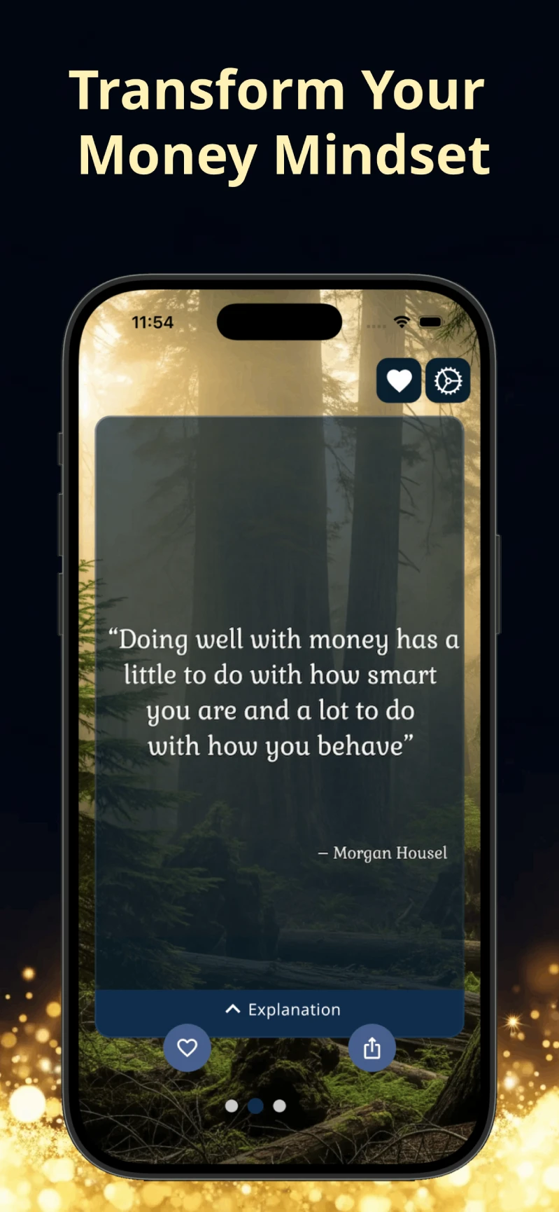 A smartphone showing the Opulia app under the heading 'Transform Your Money Mindset'. The screen displays a quote: 'Doing well with money has a little to do with how smart you are and a lot to do with how you behave' by Morgan Housel.