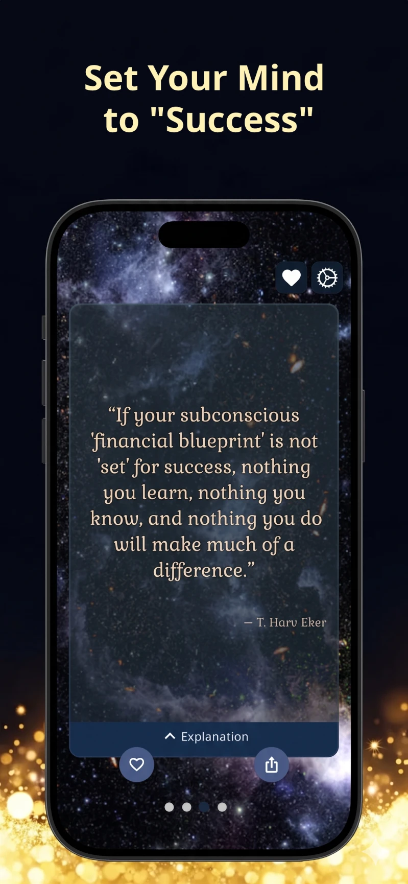 A smartphone displaying the Opulia app's daily financial quote feature, featuring a quote: 'If your subconscious financial blueprint is not set for success, nothing you learn, nothing you know, and nothing you do will make much of a difference.' by T. Harv Eker.