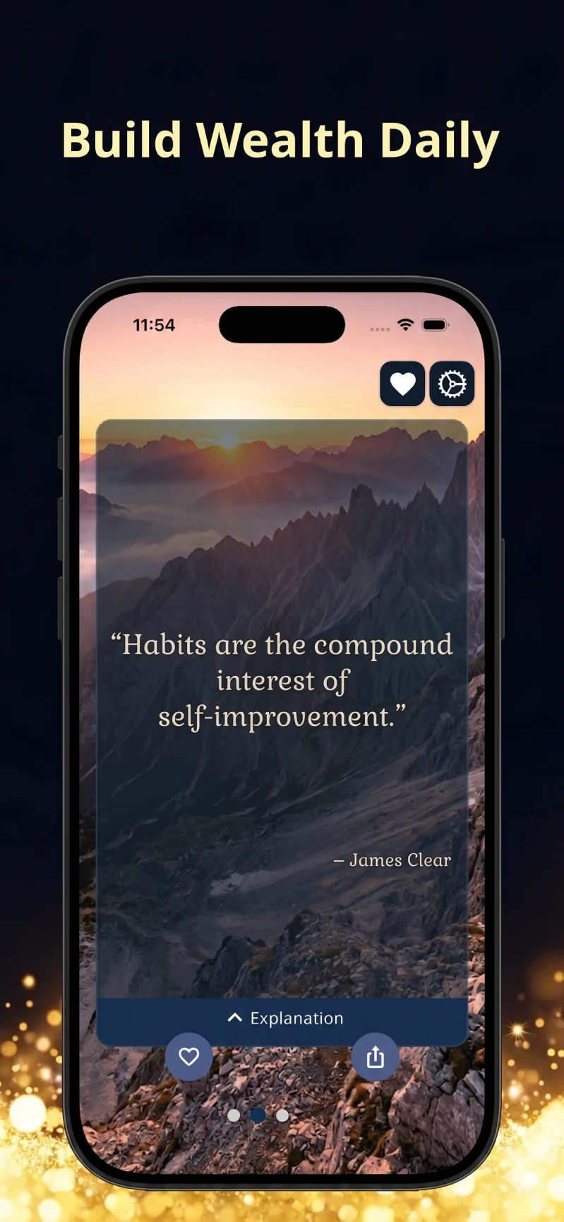 Opulia app interface titled 'Build Wealth Daily,' displaying a quote by James Clear: 'Habits are the compound interest of self-improvement.'