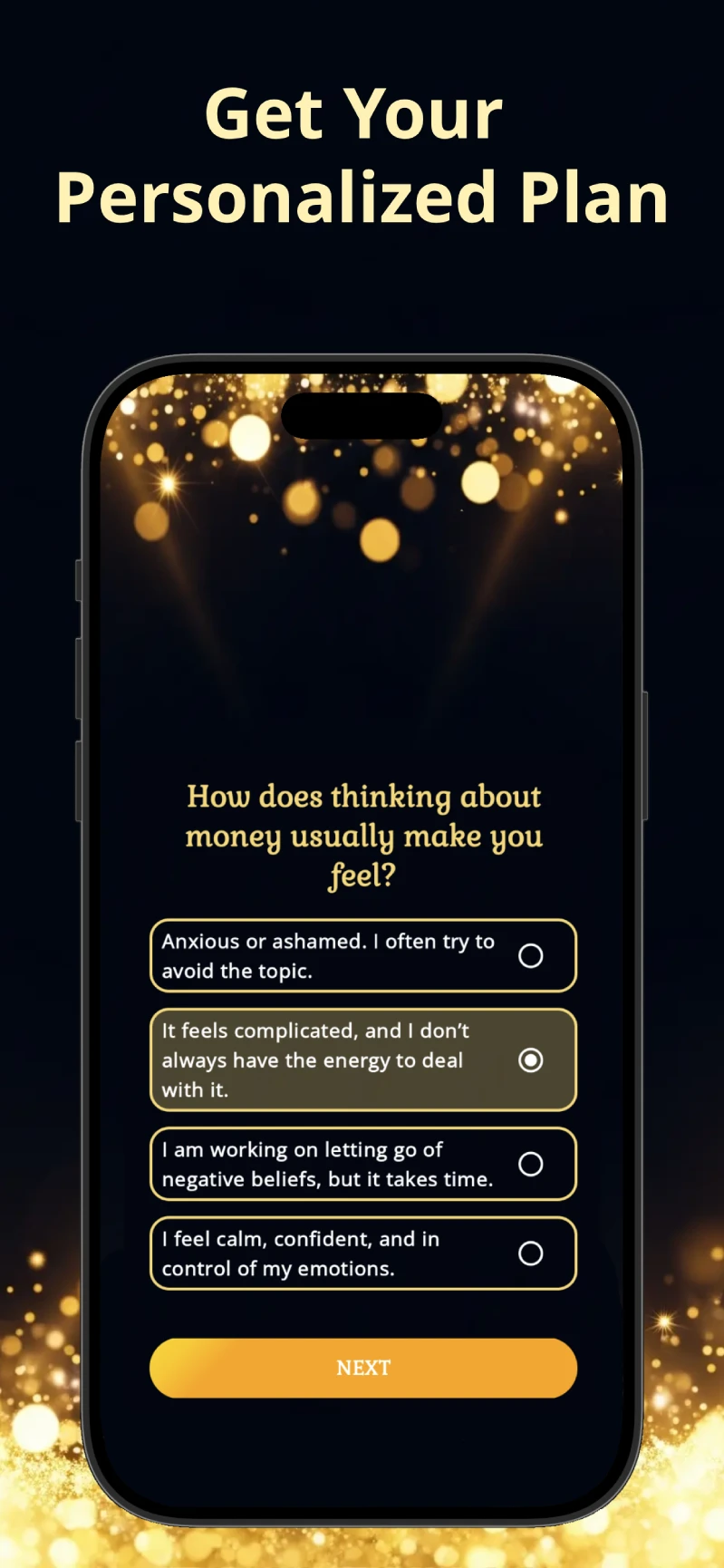 Opulia app interface titled 'Get Your Personalized Plan', showing a financial mindset quiz that asks how thinking about money makes you feel.