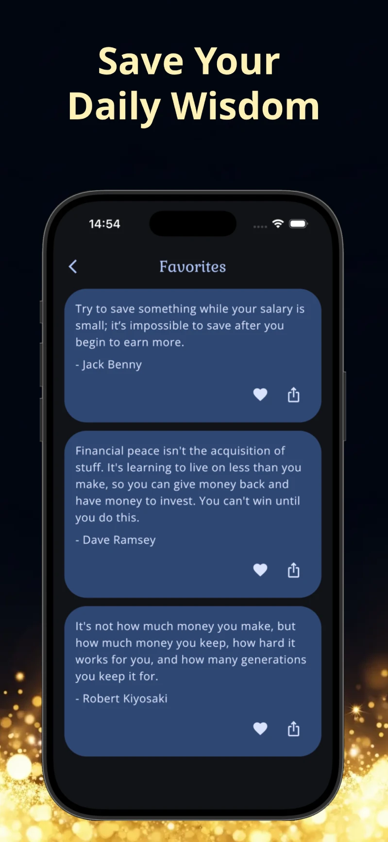 Opulia app favorites screen showing a saved collection of financial mindset quotes.